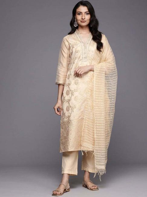 varanga cream woven pattern kurta & pant set with dupatta