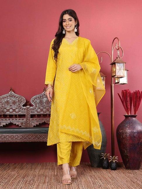 varanga mustard embroidered kurta & pant set with dupatta