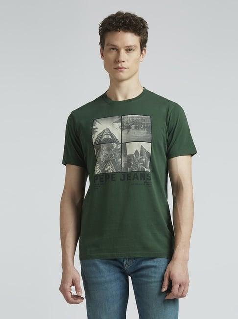 pepe jeans bottle green cotton slim fit printed t-shirt