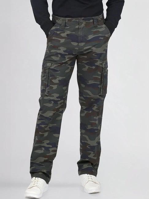 lee green cotton relaxed fit camouflage cargos