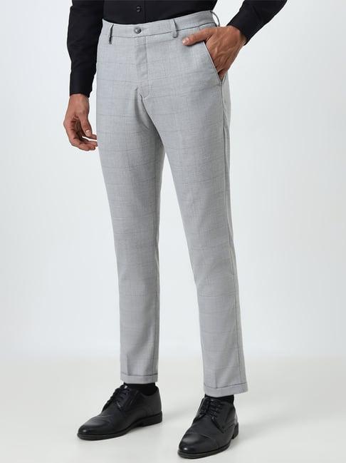 wes formals by westside grey checkered carrot-fit mid-rise trousers