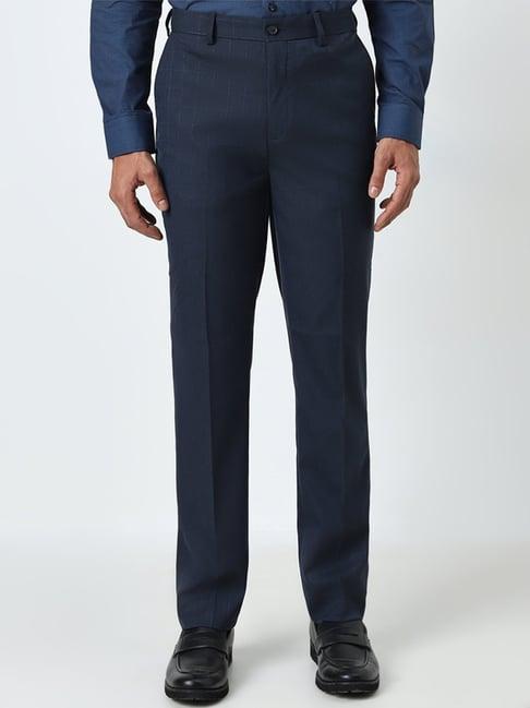 wes formals by westside navy checkered slim-fit mid-rise trousers