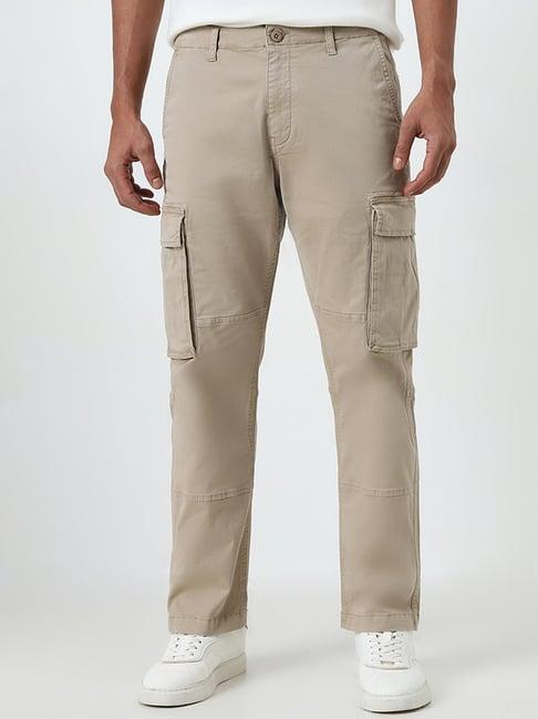 wes casuals by westside beige cargo-style relaxed-fit mid-rise cotton blend chinos