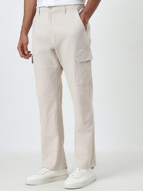 wes casuals by westside light beige cargo-style relaxed-fit mid-rise cotton blend chinos