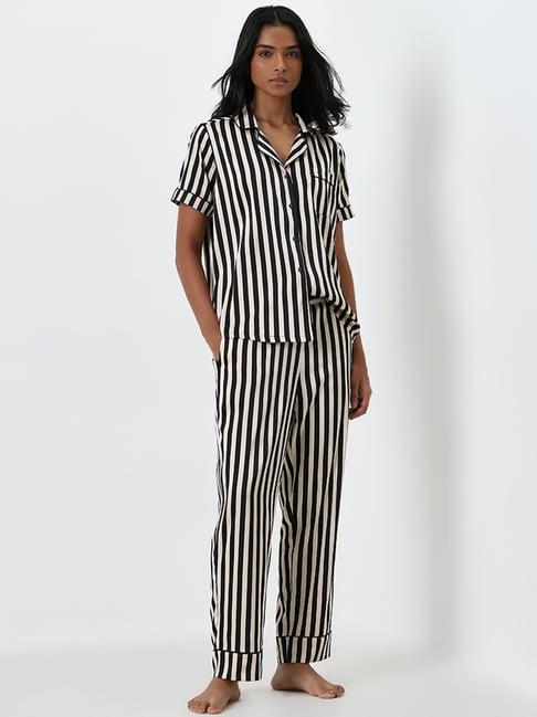 wunderlove by westside black stripe printed shirt with pyjamas set