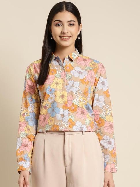 hancock beige cotton floral print shirt