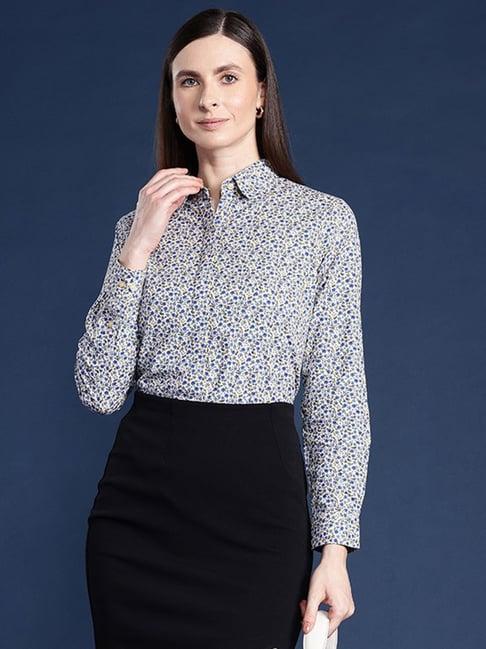 hancock cream & blue cotton floral print shirt