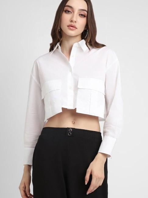 forever 21 white cotton regular fit crop shirt