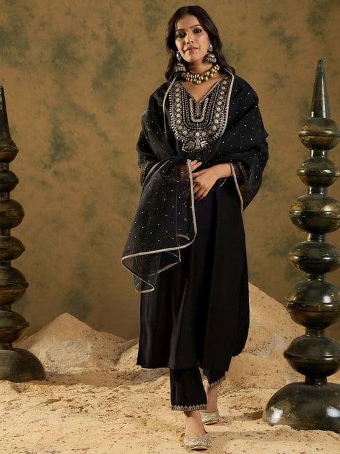 indo era black embroidered kurta pant set with dupatta