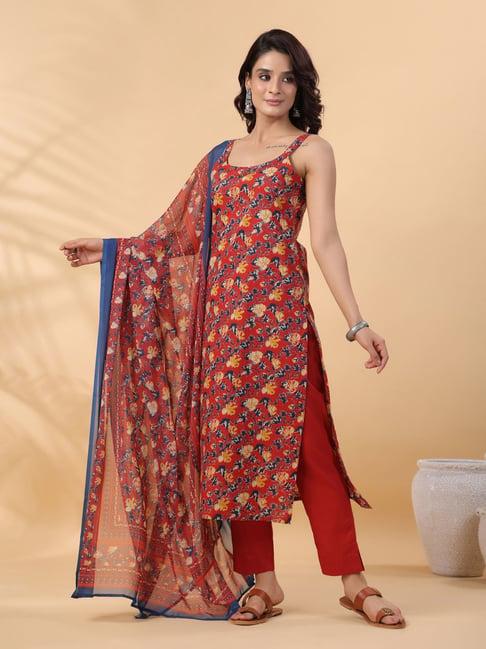 janasya red cotton floral print kurta with pant & dupatta