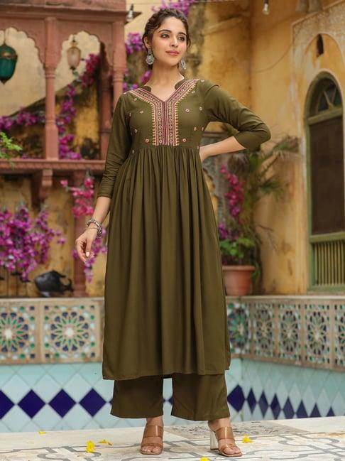 janasya olive rayon embroidered kurta pant set