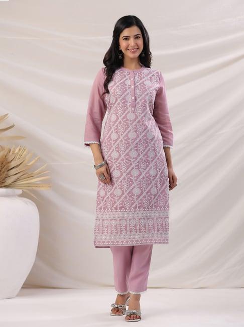 janasya mauve chanderi embroidered kurta pant set