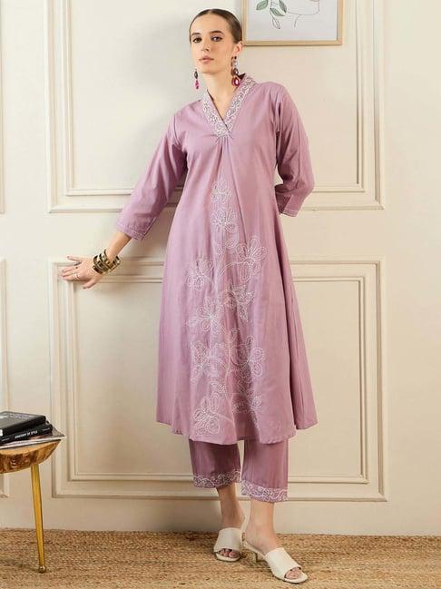 indo era pink cotton embroidered kurta pant set with dupatta