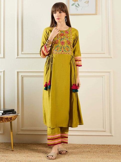 indo era green embroidered kurta pant set