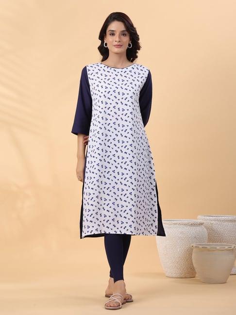 janasya white floral print straight kurta