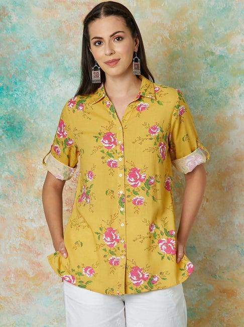 melange by lifestyle mustard floral print shirt