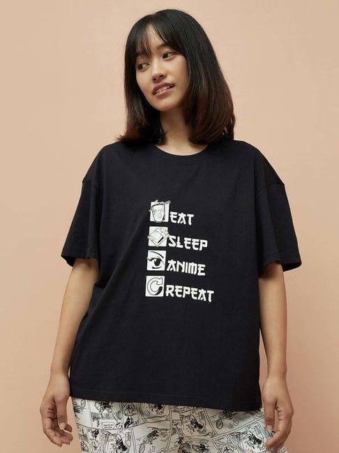 ginger by lifestyle black cotton printed t-shirt