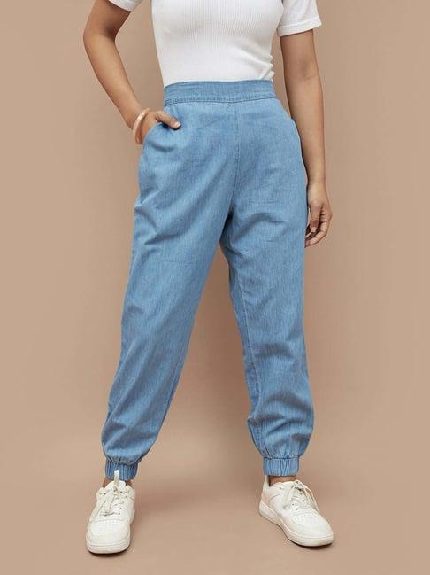 colour me by melange blue cotton mid rise pants