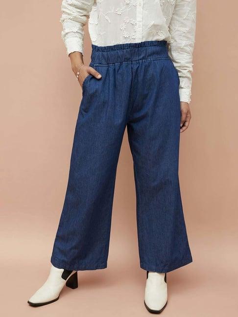 colour me by melange blue cotton mid rise pants