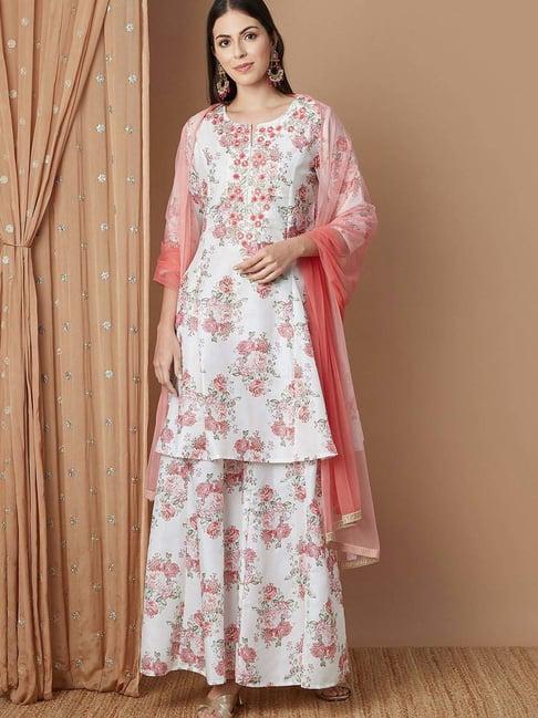 melange by lifestyle white embroidered kurti & palazzo set with dupatta