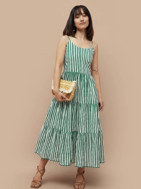 colour me by melange green & white cotton striped a-line dress