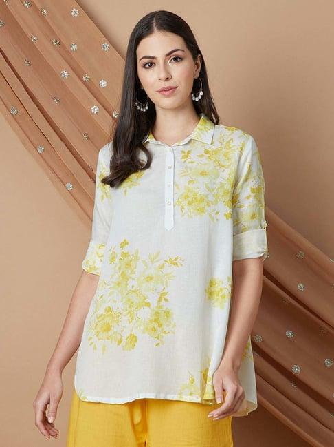 melange by lifestyle white & yellow printed tunic