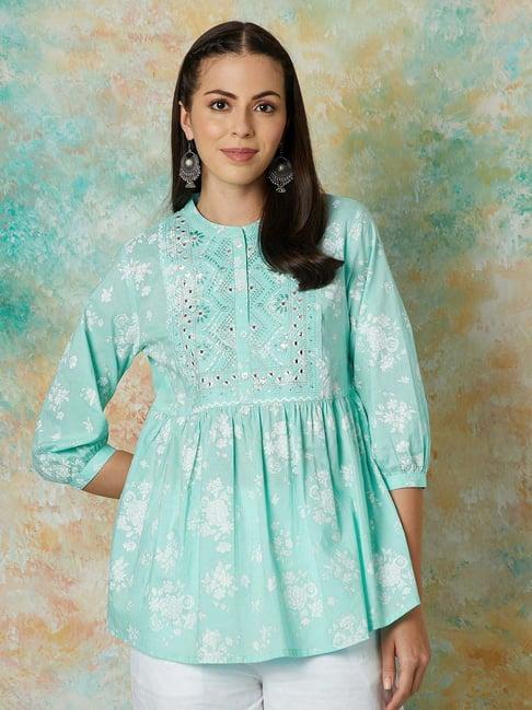 melange by lifestyle blue cotton embroidered tunic