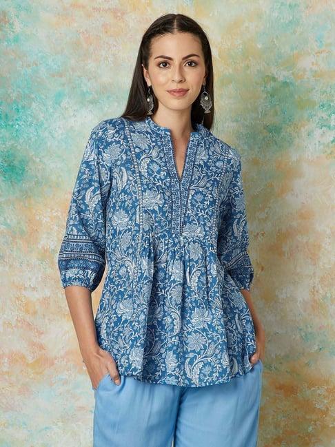 melange by lifestyle blue cotton floral print tunic