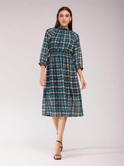 fablestreet blue & black houndstooth pattern a-line dress