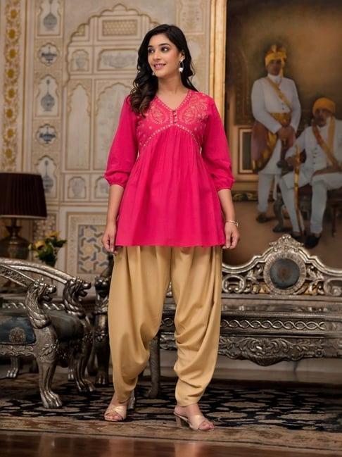 juniper pink & golden cotton embroidered tunic dhoti pant set