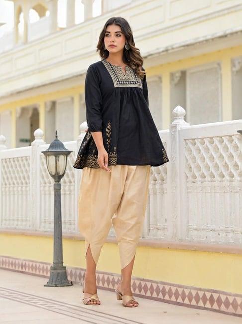 juniper black & beige cotton embroidered tunic dhoti pant set