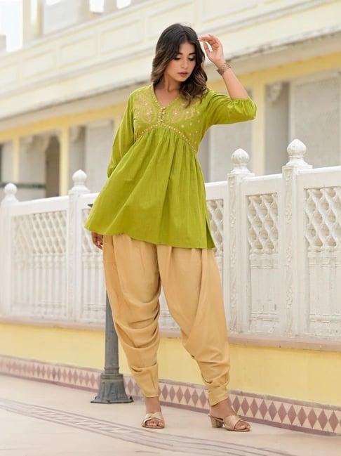 juniper green & beige cotton embroidered tunic dhoti pant set