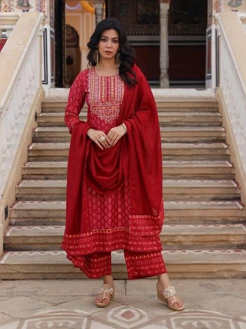 juniper red cotton embellished kurta pant set with dupatta