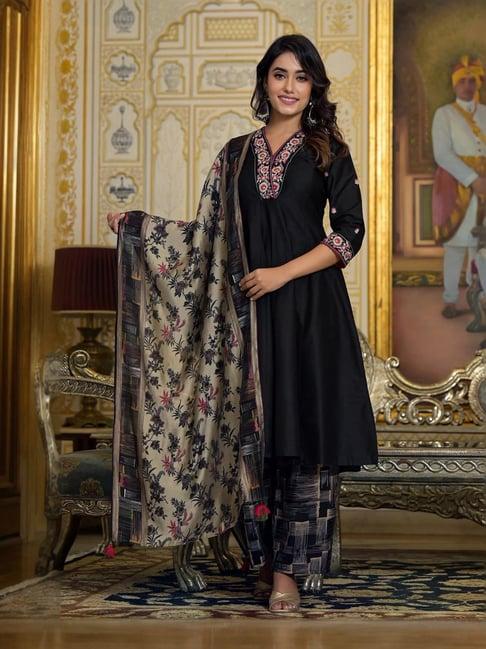 juniper black embroidered kurta pant set with dupatta