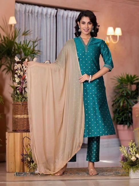 juniper green embroidered kurta pant set with dupatta