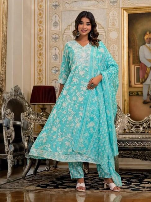 juniper blue embroidered kurta pant set with dupatta