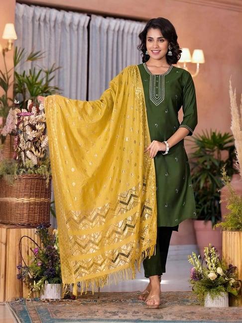 juniper green embroidered kurta pant set with dupatta