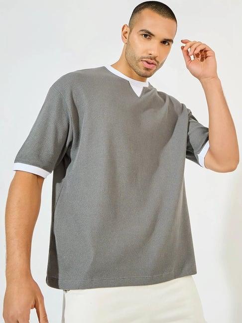 styli grey cotton oversized texture t-shirt