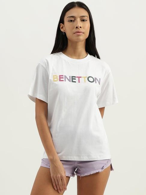 united colors of benetton white cotton embroidered t-shirt