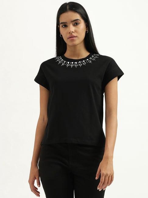 united colors of benetton black cotton embellished t-shirt