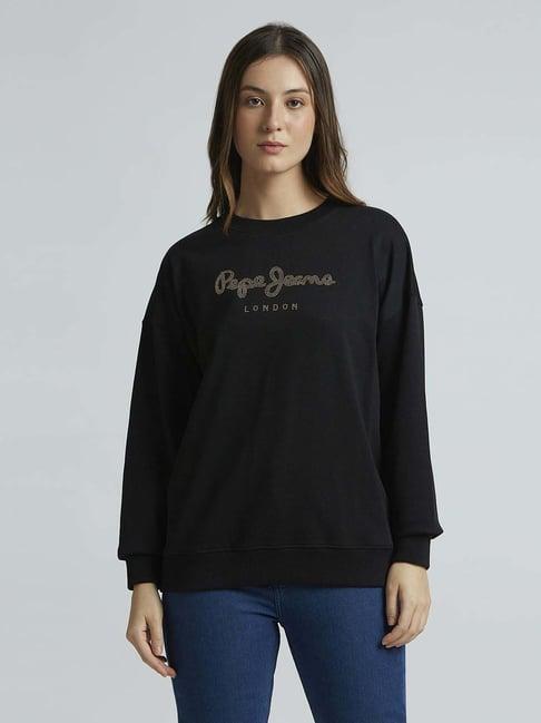 pepe jeans black cotton embellished sweatshirt