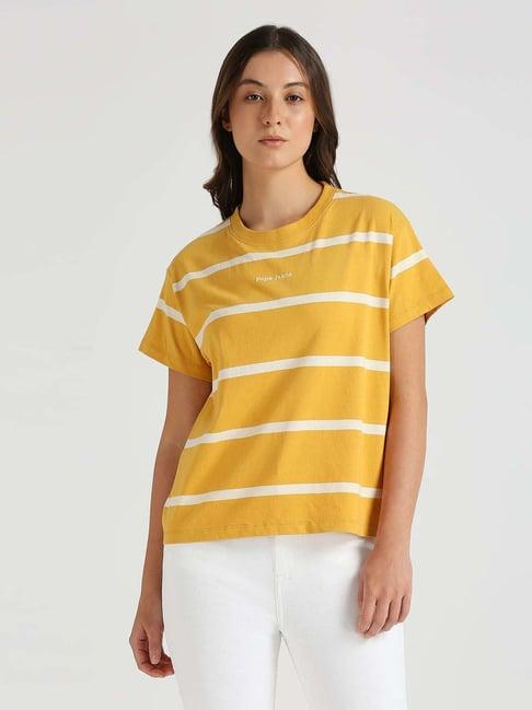 pepe jeans mustard cotton striped t-shirt