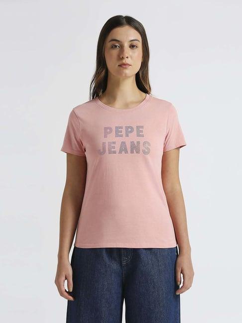 pepe jeans pink cotton embellished t-shirt