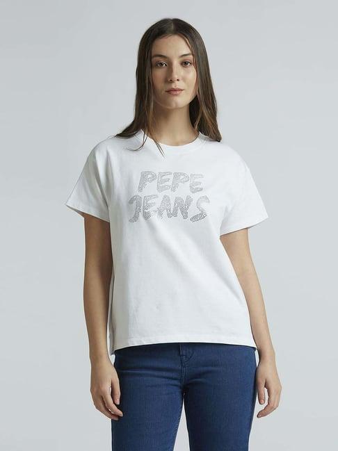 pepe jeans white cotton embellished t-shirt