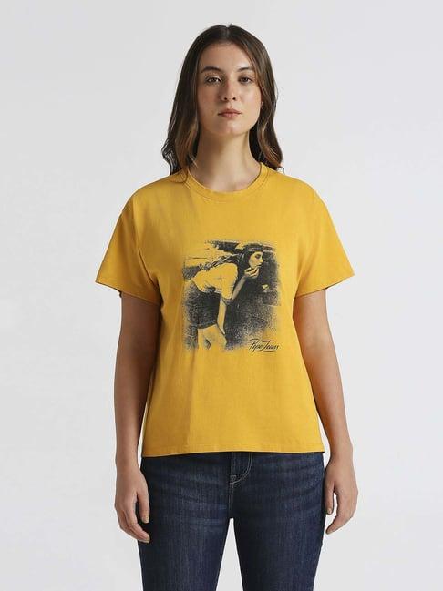 pepe jeans mustard cotton printed t-shirt