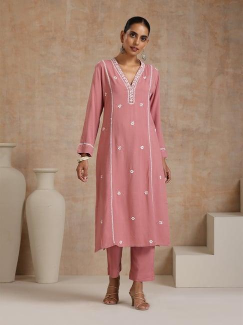 house of chikankari pink embroidered kurta bottom set