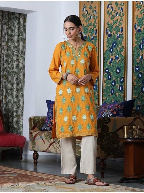 house of chikankari orange embroidered kurta