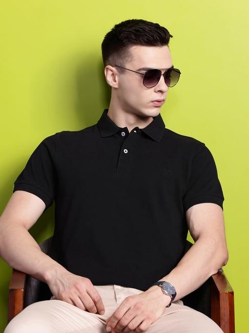 hancock black cotton slim fit solid polo t-shirts