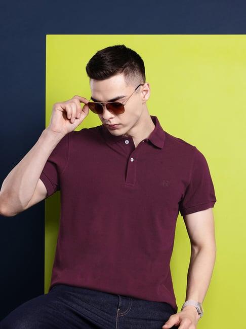 hancock maroon cotton slim fit solid polo t-shirts