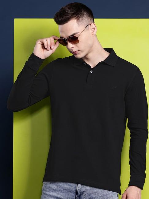 hancock black cotton slim fit solid polo t-shirts